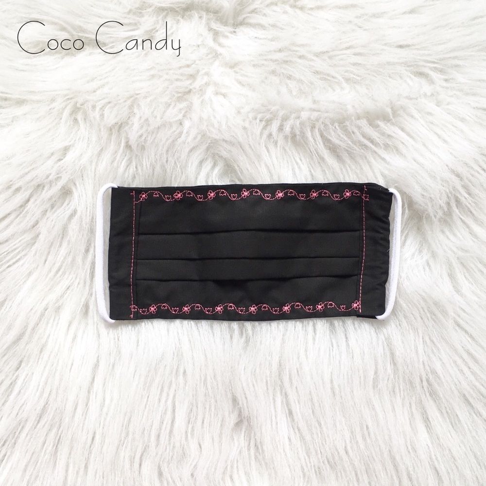 🆕Embroidered Pink Flower Black Fabric Reusable Face Mask